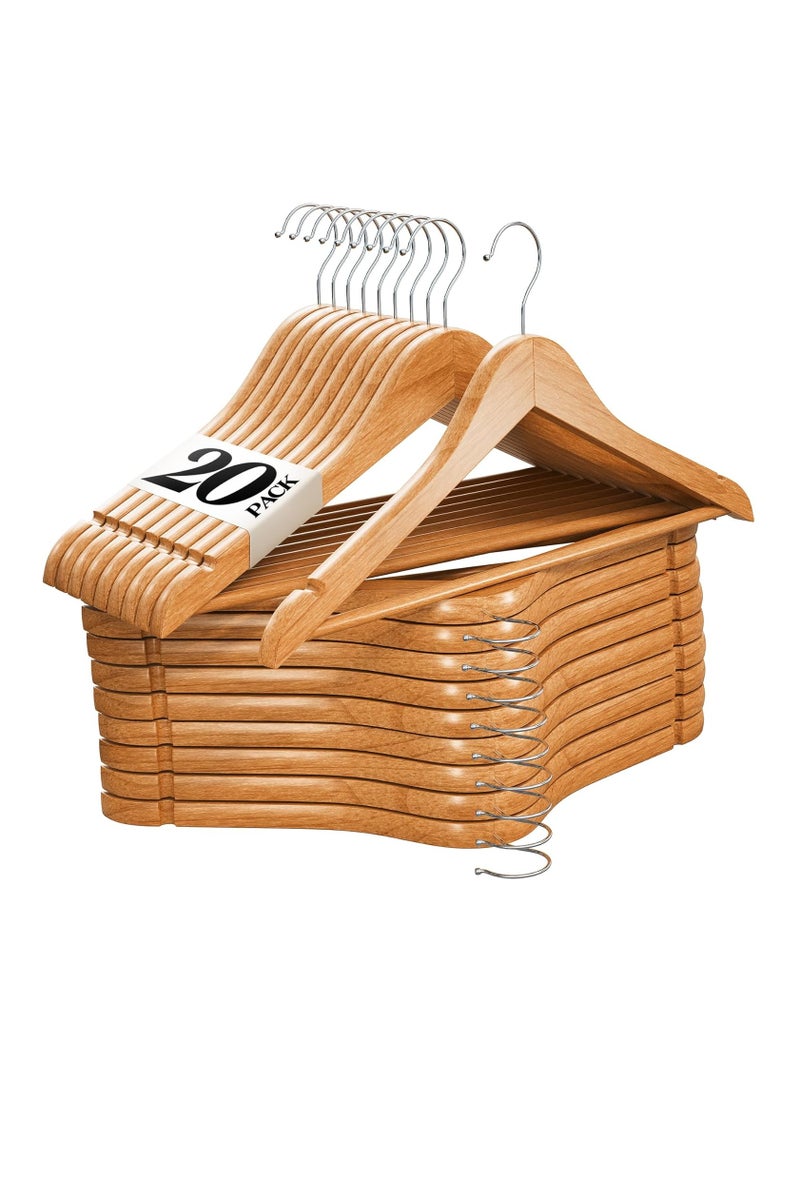 Solid Wood Hangers, 20 Pack Hardwood Clothes Hangers with 360° Swivel Anti-Rust Hook, Heavy Duty Non-Slip Coat/Suit Hangers - Wide Shoulders, Notches & Adjustable Pant Bar, Space Saving for Shirt, Dress, Robe - Image 1