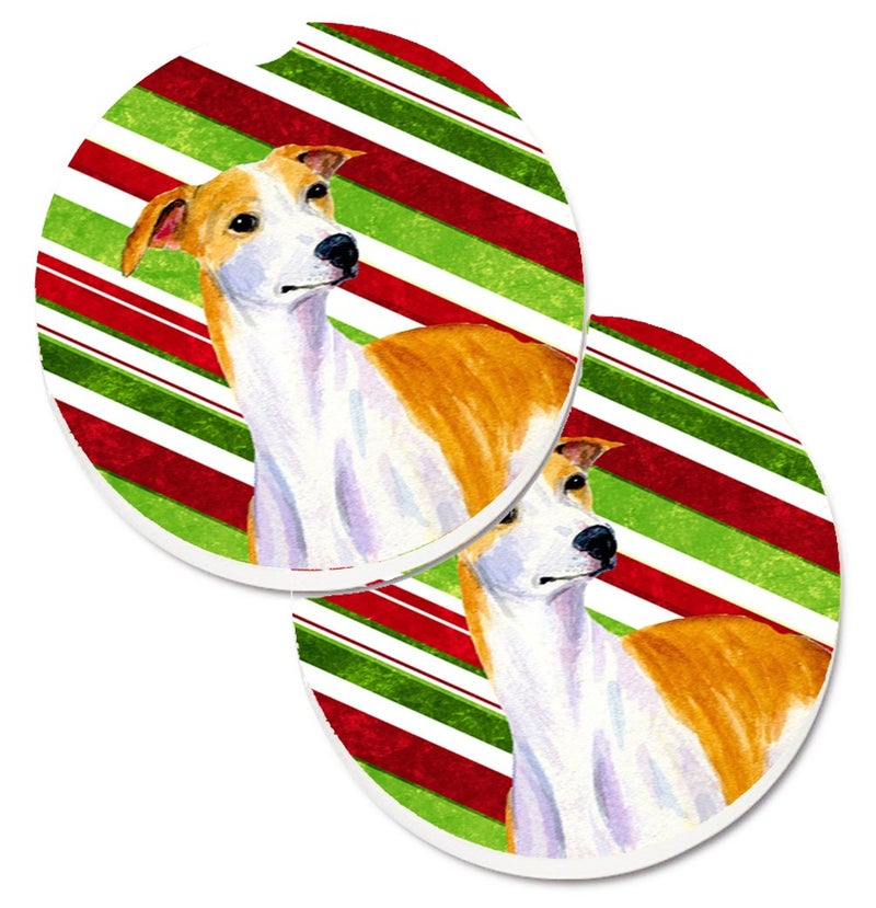 Caroline's Treasures LH9238CARC Whippet Candy Cane Holiday Christmas Set of 2 Cup Holder Car Coasters Absorbent Sandstone Coasters for Car Cup Holders Gifts for Men or Women  Large  Multicolor