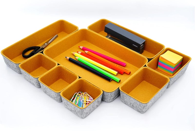 Welaxy Felt Desk Drawer Organizer Trays, 8-Piece Storage Bins for Office Supplies, Entryway Catchall, Makeup & Decluttering (Curry) - Image 3