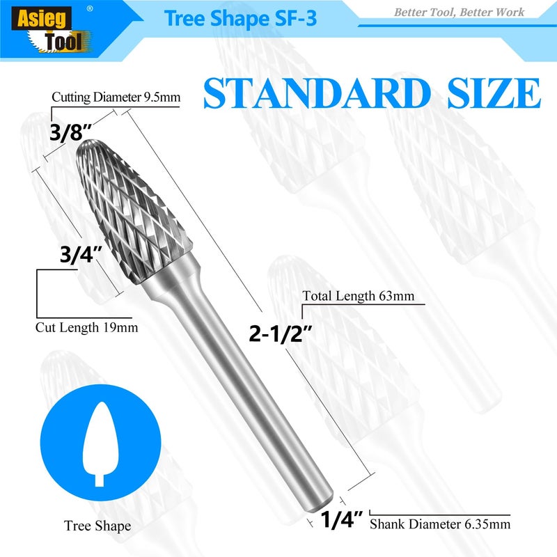 Asieg Tool SF-3 Tungsten Carbide Burr Rotary File Tree Shape Radius End Shape Double Cut for Die Grinder Drill Bits 1/4'' Inch Diameter of Shank and 3/8'' Inch Diameter of Cutter 3/4'' Inch Cutter Length - Image 2