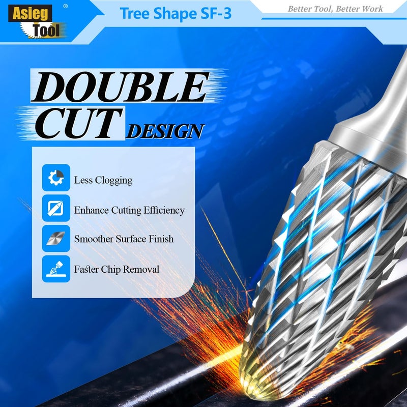 Asieg Tool SF-3 Tungsten Carbide Burr Rotary File Tree Shape Radius End Shape Double Cut for Die Grinder Drill Bits 1/4'' Inch Diameter of Shank and 3/8'' Inch Diameter of Cutter 3/4'' Inch Cutter Length - Image 4