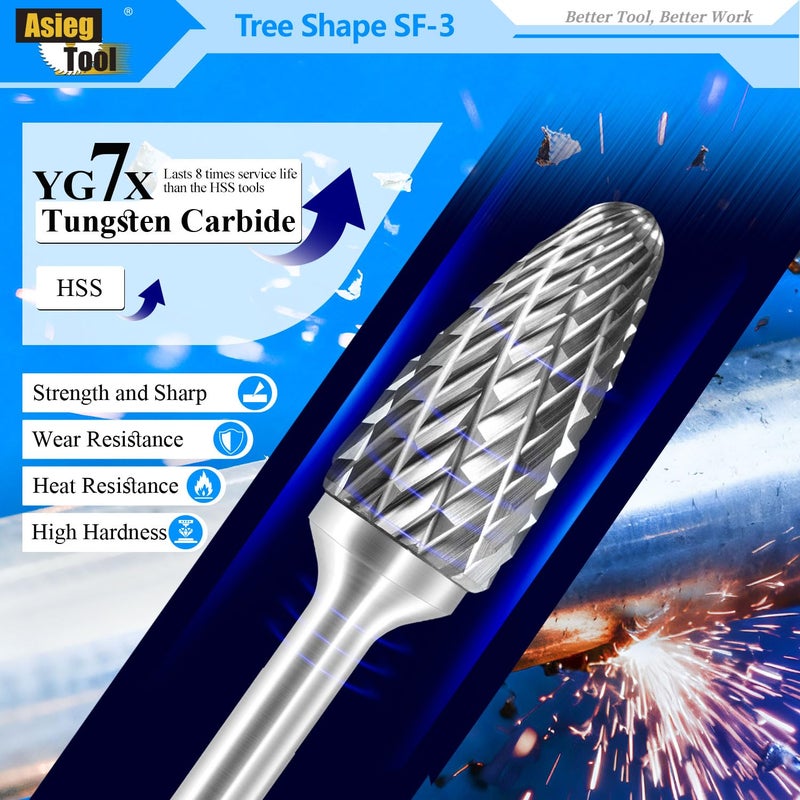 Asieg Tool SF-3 Tungsten Carbide Burr Rotary File Tree Shape Radius End Shape Double Cut for Die Grinder Drill Bits 1/4'' Inch Diameter of Shank and 3/8'' Inch Diameter of Cutter 3/4'' Inch Cutter Length - Image 3