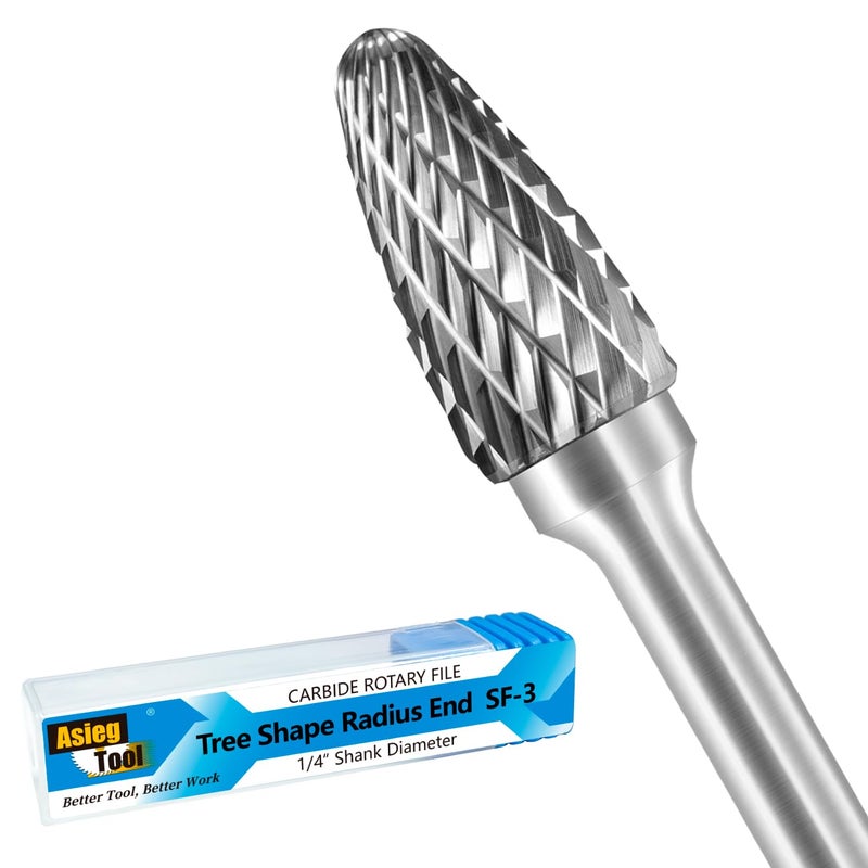 Asieg Tool SF-3 Tungsten Carbide Burr Rotary File Tree Shape Radius End Shape Double Cut for Die Grinder Drill Bits 1/4'' Inch Diameter of Shank and 3/8'' Inch Diameter of Cutter 3/4'' Inch Cutter Length - Image 1