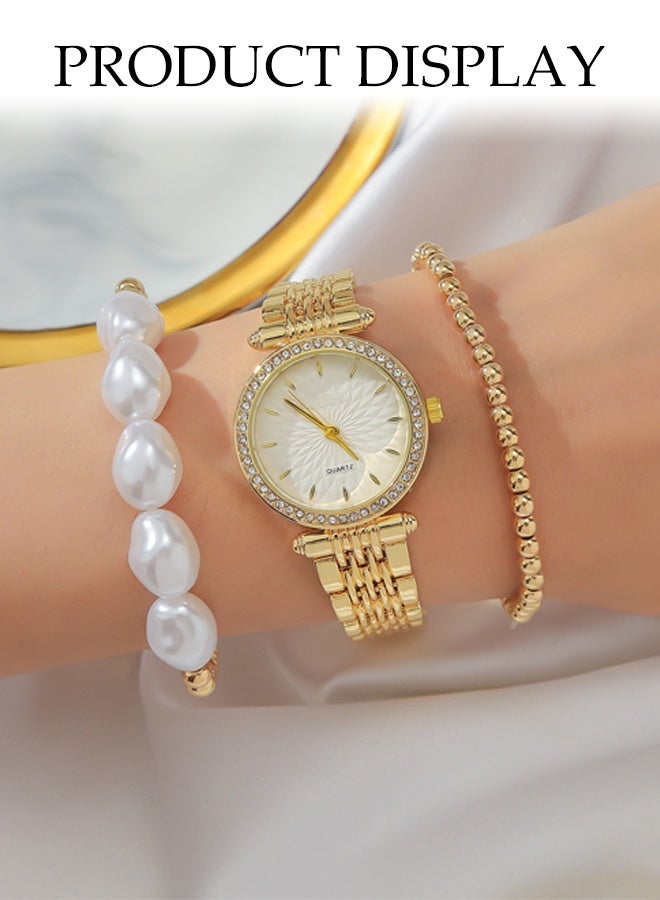DUNISO Gold Ladies' Steel Band Quartz Watch Set, Aurora Mother-Of-Pearl Face Steel Band Quartz Watch Pearl Beaded Bracelet, Mineral Reinforced Glass Mirror, High-End Ladies Watch Set, With Diamond And Pearl Decoration - Image 4