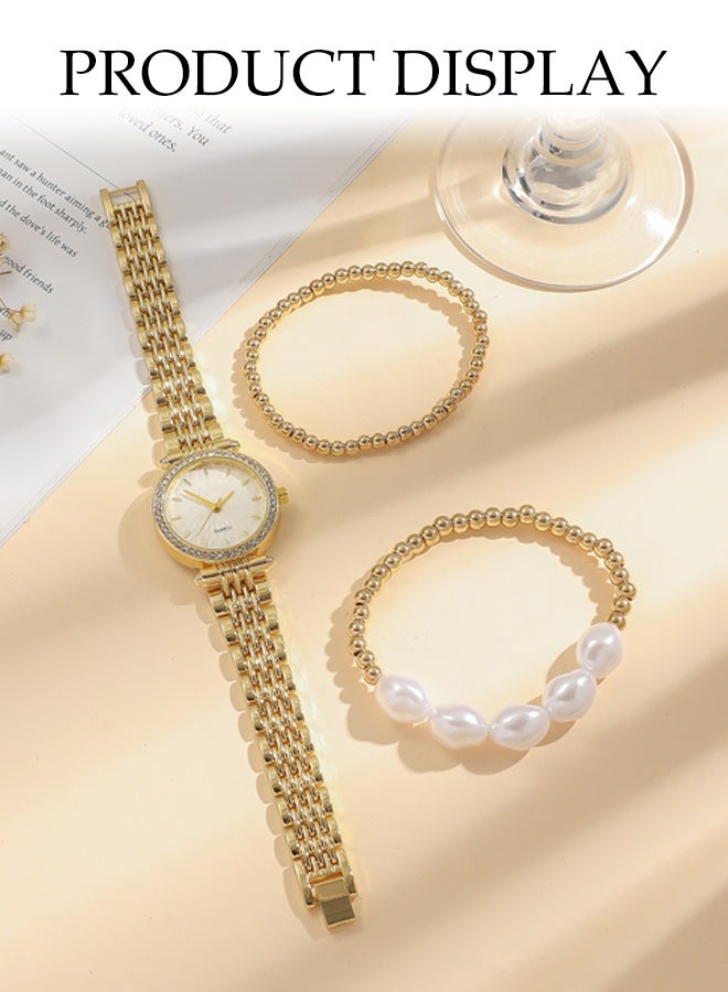 DUNISO Gold Ladies' Steel Band Quartz Watch Set, Aurora Mother-Of-Pearl Face Steel Band Quartz Watch Pearl Beaded Bracelet, Mineral Reinforced Glass Mirror, High-End Ladies Watch Set, With Diamond And Pearl Decoration - Image 2