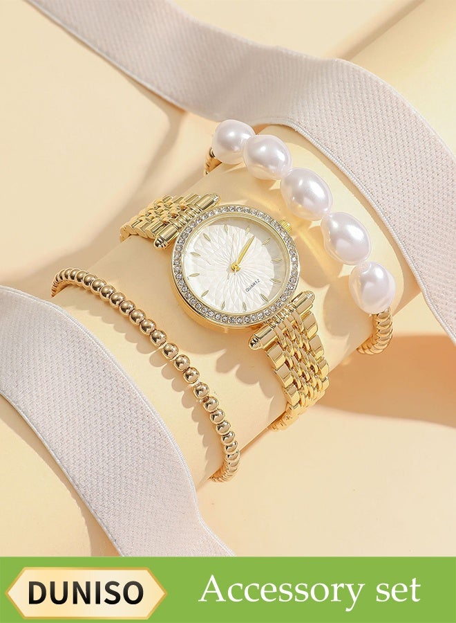 DUNISO Gold Ladies' Steel Band Quartz Watch Set, Aurora Mother-Of-Pearl Face Steel Band Quartz Watch Pearl Beaded Bracelet, Mineral Reinforced Glass Mirror, High-End Ladies Watch Set, With Diamond And Pearl Decoration - Image 1