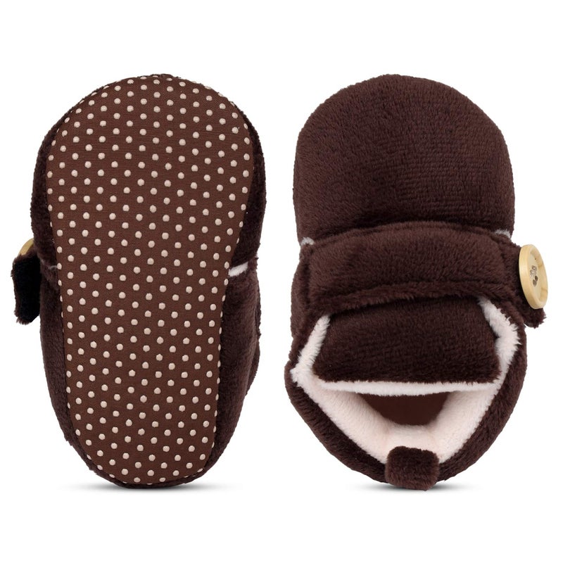 Superminis unisex-baby Dual Color Velvet Soft Base Booties/Shoes With Wooden Button 0-6 Months Brown+Peach - Image 4