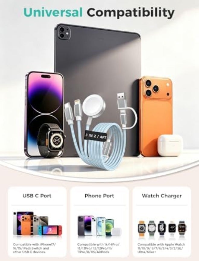 مستلزمات السفر، كابل USB‑C 3 في 2 لشحن ساعة آبل وآيفون - Image 4