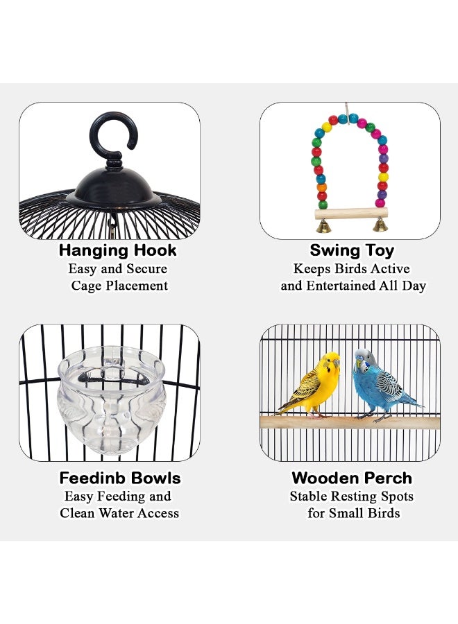 أن ان سي بيتس قفص طيور معلق مع لعبة، وقاعدة، وأوعية طعام، قفص معدني 70 سم للببغاوات والطيور الصغيرة، بيت طيور داخلي مع خطاف تعليق، ومجاثم، وقابل للنقل للاستخدام الخارجي (أسود) - Image 3