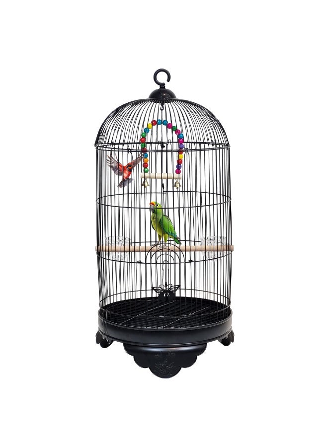 أن ان سي بيتس قفص طيور معلق مع لعبة، وقاعدة، وأوعية طعام، قفص معدني 70 سم للببغاوات والطيور الصغيرة، بيت طيور داخلي مع خطاف تعليق، ومجاثم، وقابل للنقل للاستخدام الخارجي (أسود) - Image 1