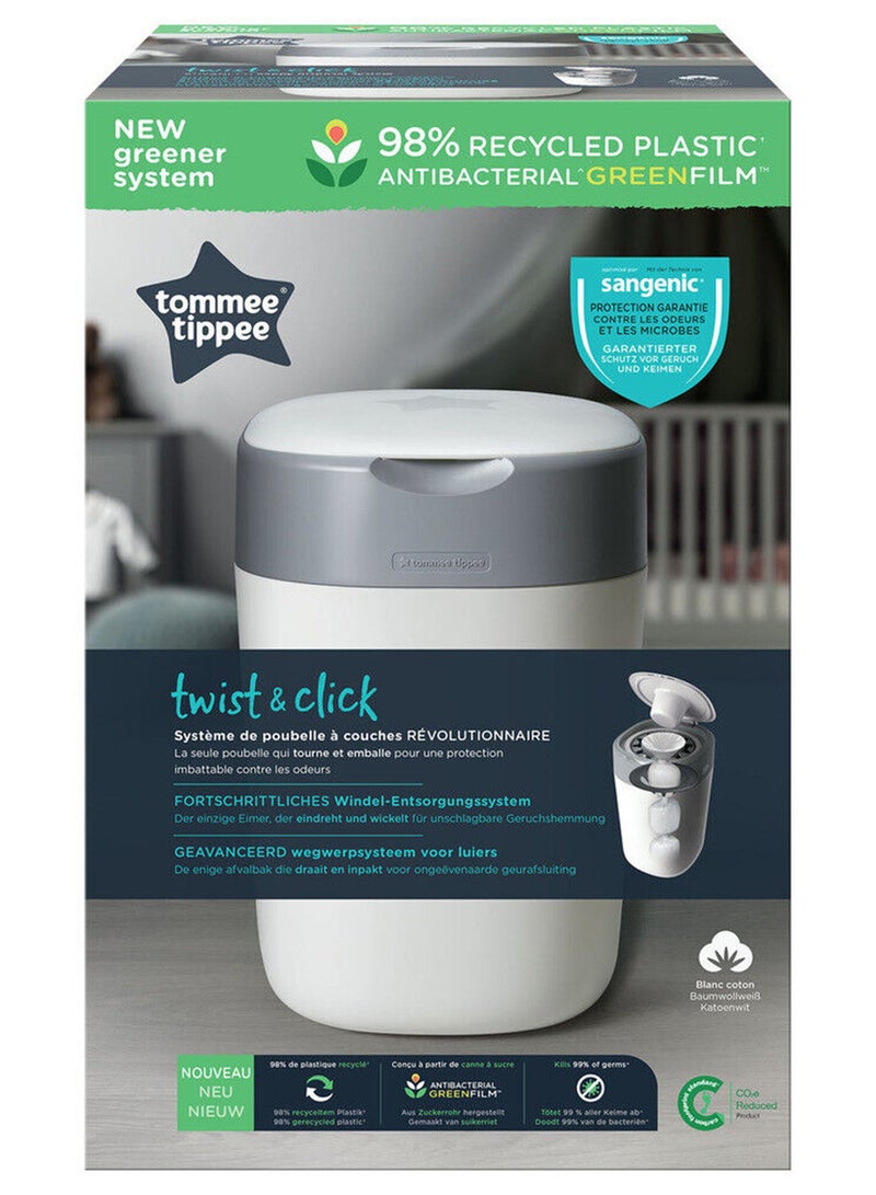tommee tippee Twist and Click Advanced Nappy Bin, Eco-Friendlier System, Includes 1x Refill Cassette with Sustainably Sourced Antibacterial GREENFILM, White - Image 2