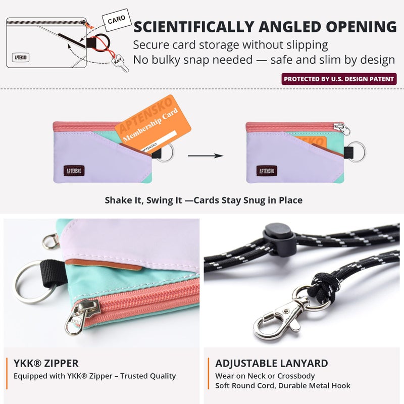 APTENSKO RFID Blocking Travel Wallet with Adjustable Lanyard, Small Nylon Zipper Pouch and Badge Holder for ID, Credit Cards, Cash, Keys, Commuters (SoftLilac+MintAqua) - Image 5