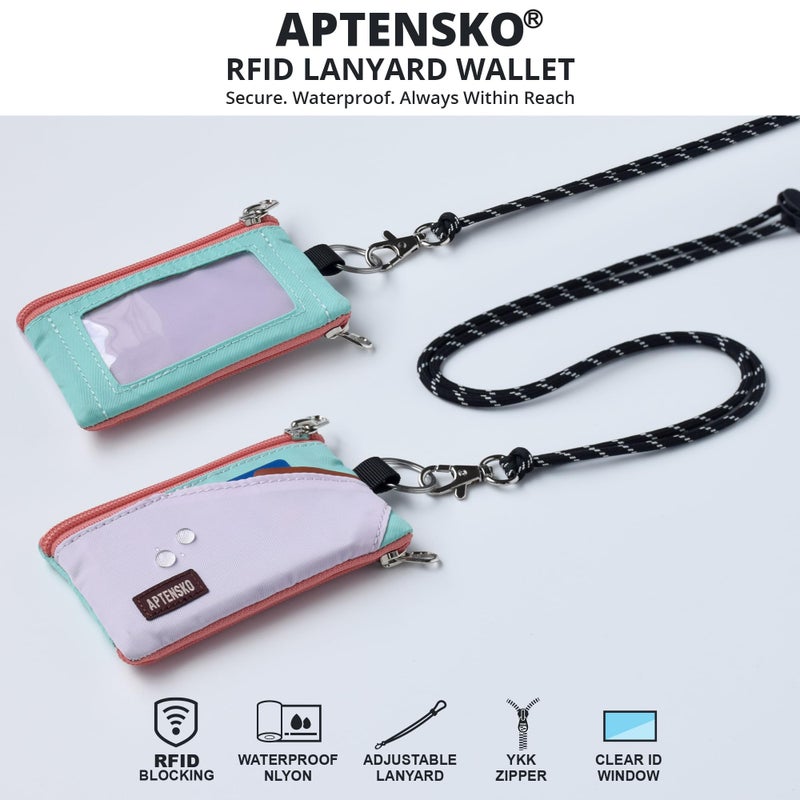 APTENSKO RFID Blocking Travel Wallet with Adjustable Lanyard, Small Nylon Zipper Pouch and Badge Holder for ID, Credit Cards, Cash, Keys, Commuters (SoftLilac+MintAqua) - Image 2