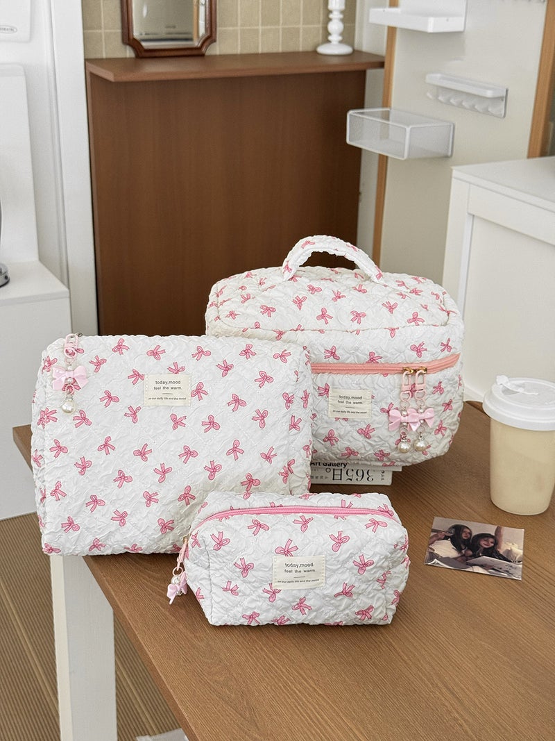 New Wrinkled Bow Cosmetic Bag, Cute And Sweet Large-Capacity Toiletry Bag, High-Looking Girl Niche Storage Bag - Image 4