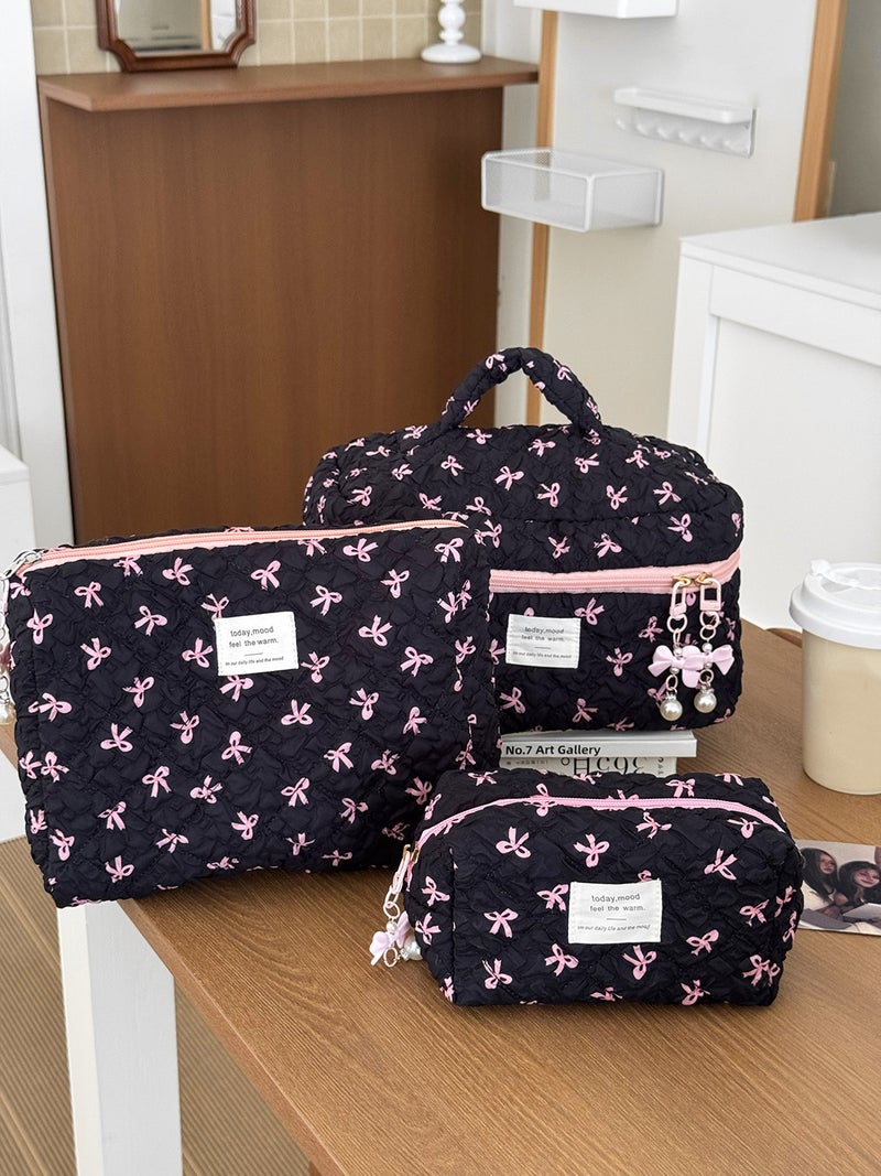 New Wrinkled Bow Cosmetic Bag, Cute And Sweet Large-Capacity Toiletry Bag, High-Looking Girl Niche Storage Bag - Image 2