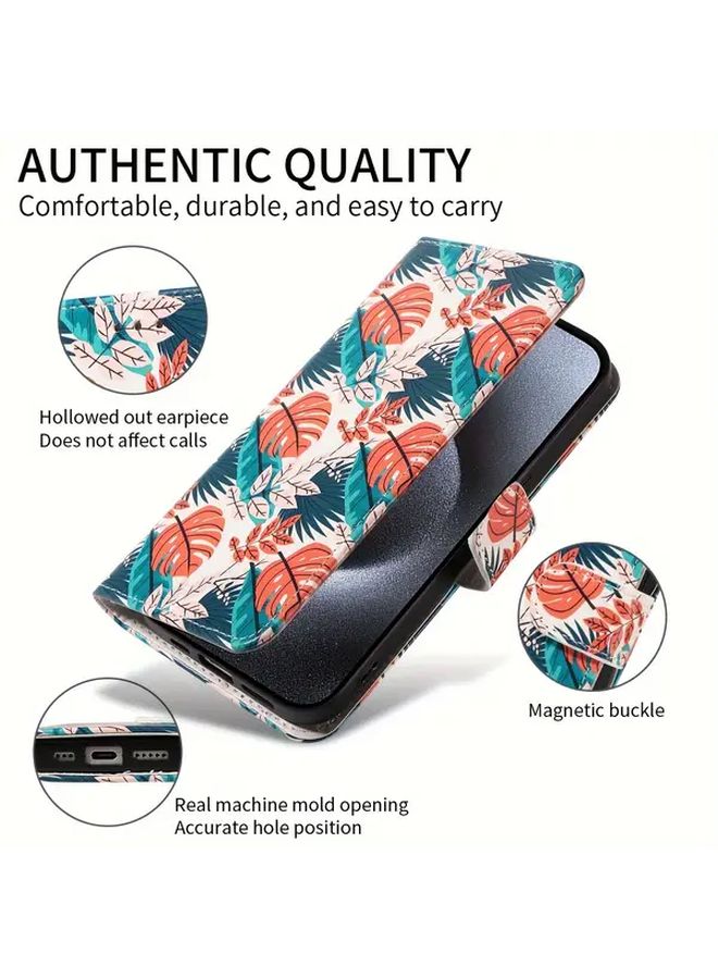 For Redmi 11T Pro Flip Cover Leaf Design Card Slot Faux Leather Case Dark Red - Image 2