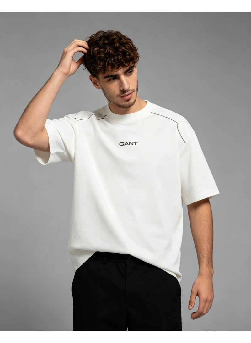 GANT Men Crew Neck Short Sleeve Fashion Casual T-Shirt, Chain Stitch Line Decor Loose Fit Daily Street Top, Off White - Image 1