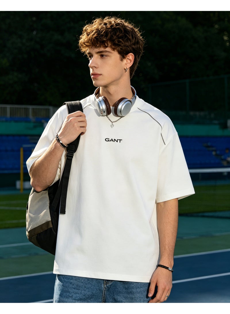 GANT Men Crew Neck Short Sleeve Fashion Casual T-Shirt, Chain Stitch Line Decor Loose Fit Daily Street Top, Off White - Image 4