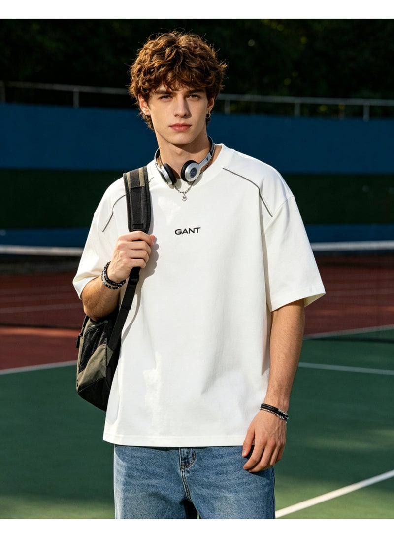 GANT Men Crew Neck Short Sleeve Fashion Casual T-Shirt, Chain Stitch Line Decor Loose Fit Daily Street Top, Off White - Image 2