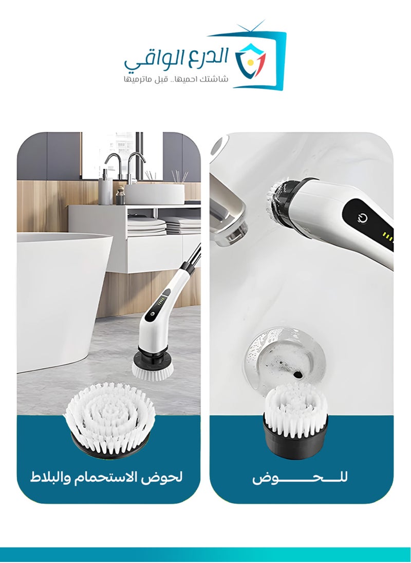 A cordless electric rotating cleaning brush with 7 replaceable brush heads and an adjustable extension handle, designed for cleaning TV screens, appliances, bathrooms, floors, tiles, cars, and more