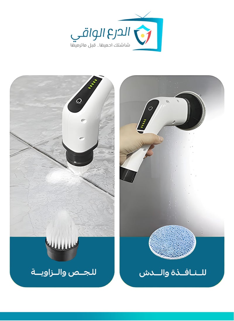 A cordless electric rotating cleaning brush with 7 replaceable brush heads and an adjustable extension handle, designed for cleaning TV screens, appliances, bathrooms, floors, tiles, cars, and more