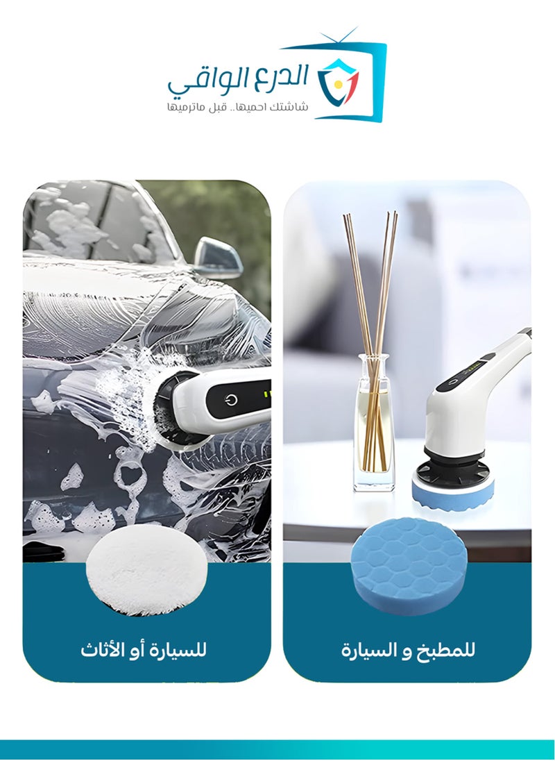 A cordless electric rotating cleaning brush with 7 replaceable brush heads and an adjustable extension handle, designed for cleaning TV screens, appliances, bathrooms, floors, tiles, cars, and more