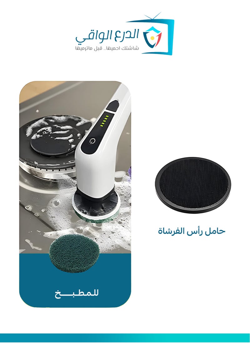 A cordless electric rotating cleaning brush with 7 replaceable brush heads and an adjustable extension handle, designed for cleaning TV screens, appliances, bathrooms, floors, tiles, cars, and more