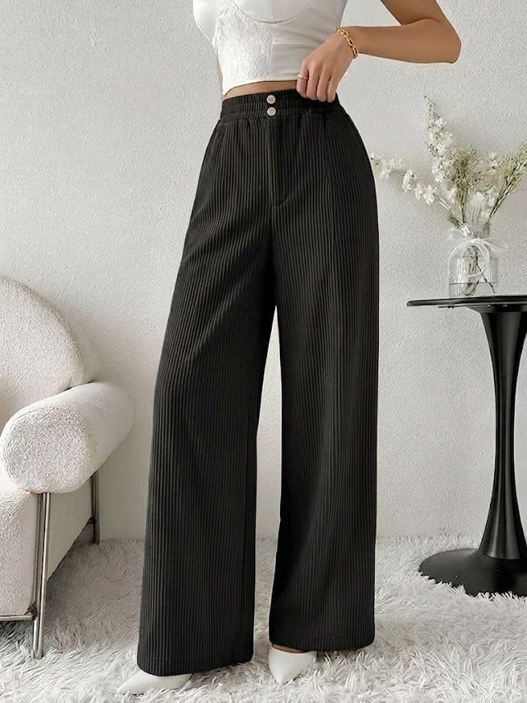 SMOWKLY Authentics Women's Trendy Casual Corduroy Stretchable Baggy Loose Korean Trouser with Pockets || High Rise Elastic Waist Going Out Lounge Pants || Wide Leg Summer Pants for Woman Black - Image 2