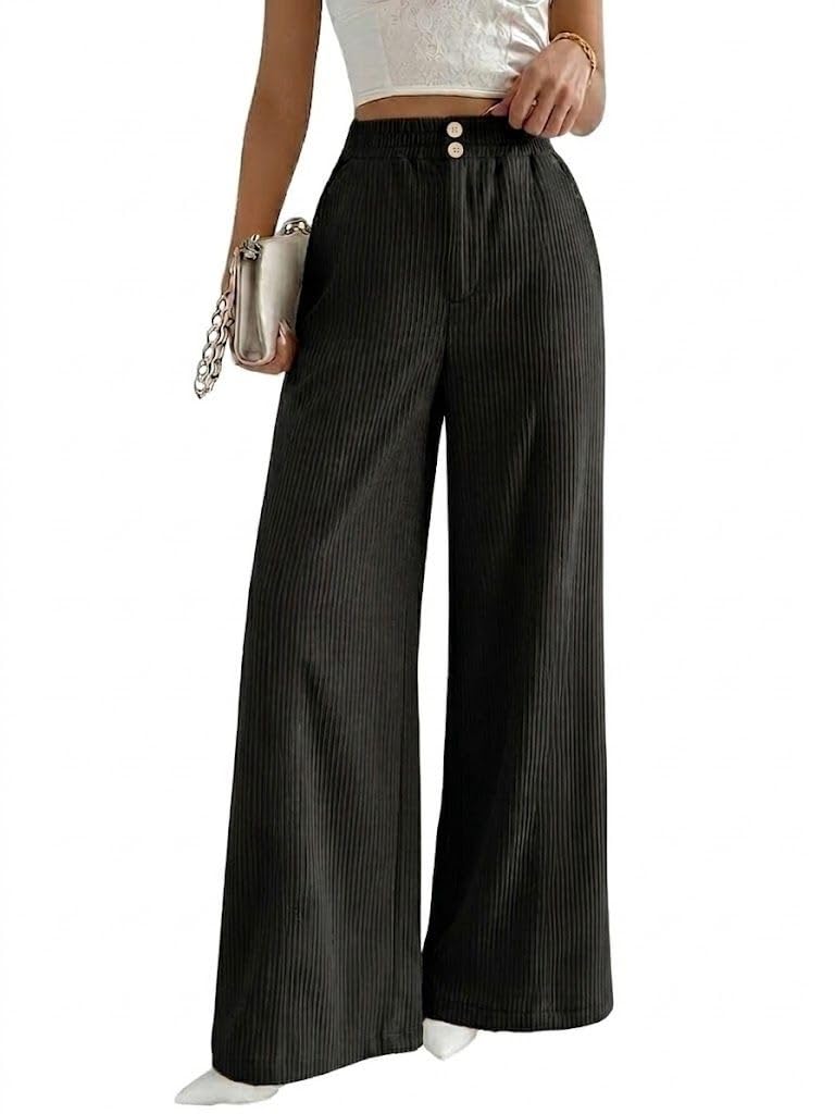 SMOWKLY Authentics Women's Trendy Casual Corduroy Stretchable Baggy Loose Korean Trouser with Pockets || High Rise Elastic Waist Going Out Lounge Pants || Wide Leg Summer Pants for Woman Black - Image 1
