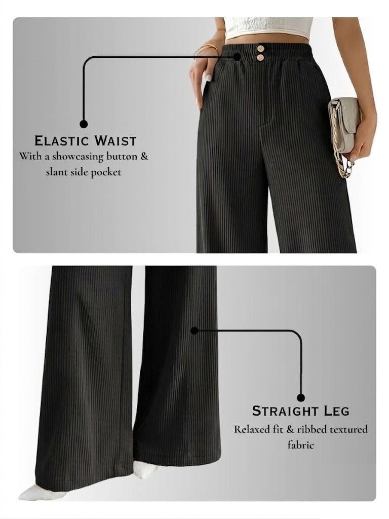 SMOWKLY Authentics Women's Trendy Casual Corduroy Stretchable Baggy Loose Korean Trouser with Pockets || High Rise Elastic Waist Going Out Lounge Pants || Wide Leg Summer Pants for Woman Black - Image 4