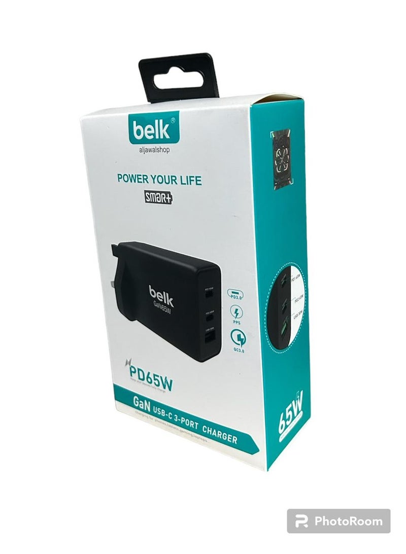 بيلك شاحن منزل فائق السرعة 65 وات، 3 منافذ  احدهم منفذ USB  و منفذين بي دي - Image 3