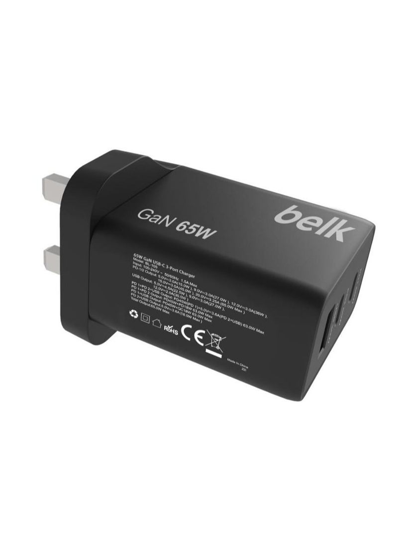 بيلك شاحن منزل فائق السرعة 65 وات، 3 منافذ  احدهم منفذ USB  و منفذين بي دي - Image 4