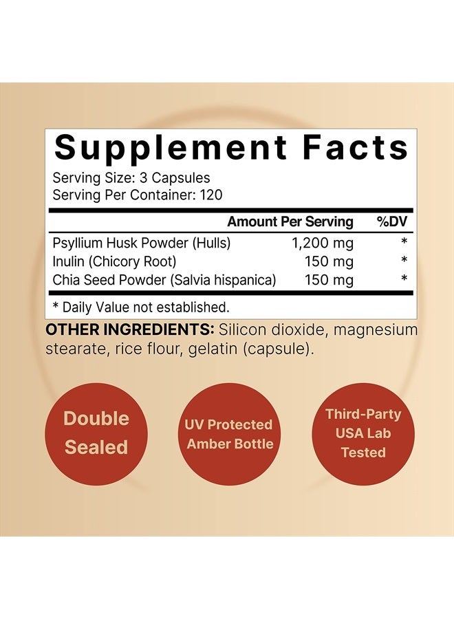 NatureBell Psyllium Husk Capsules 1500mg Per Serving, 360 Count, with Inulin & Chia Seed –Soluble Fiber for Digestion – Plant Based Herbal Fiber Supplement, Non-GMO, Gluten Free - Image 2