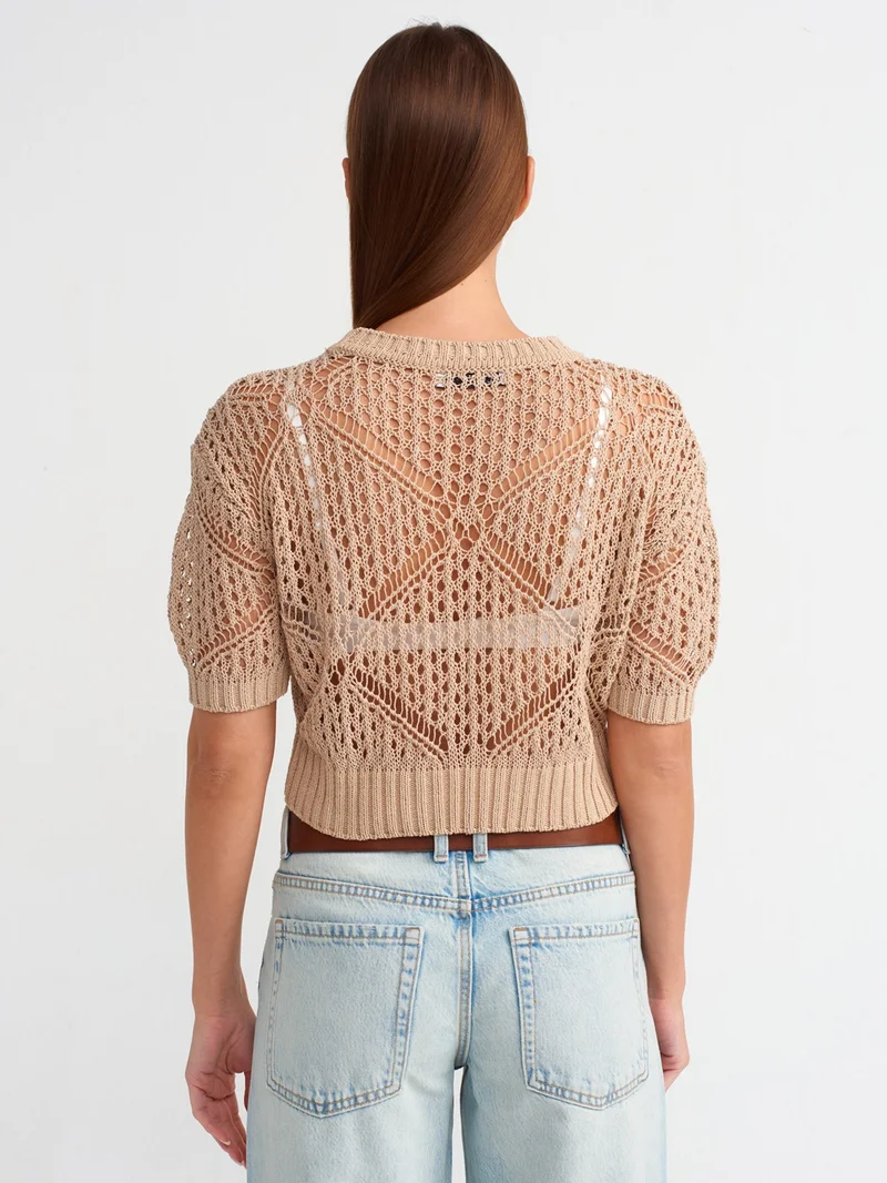 Dilvin 10584 Crew Neck Openwork Handcrafted Flower Motif Knitwear Sweater - Beige