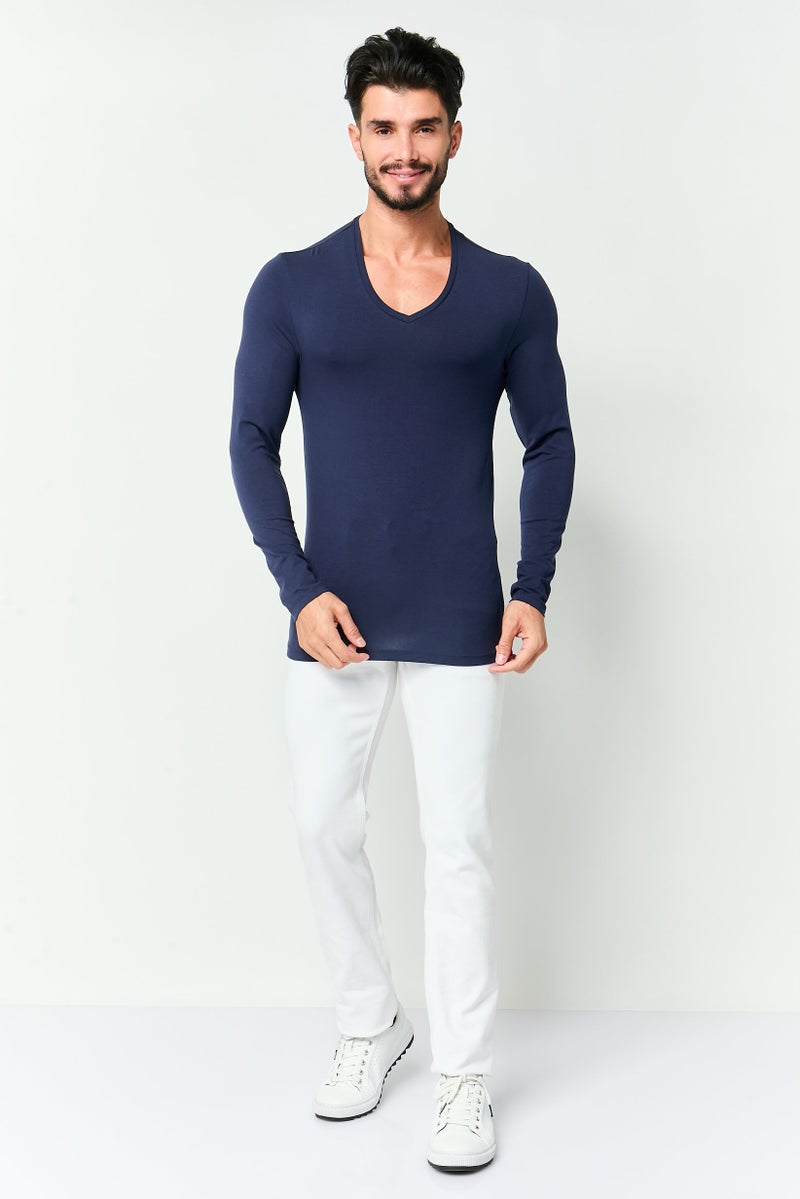 Celio Men V-Neck Long Sleeve Plain T-Shirt, Navy - Image 4