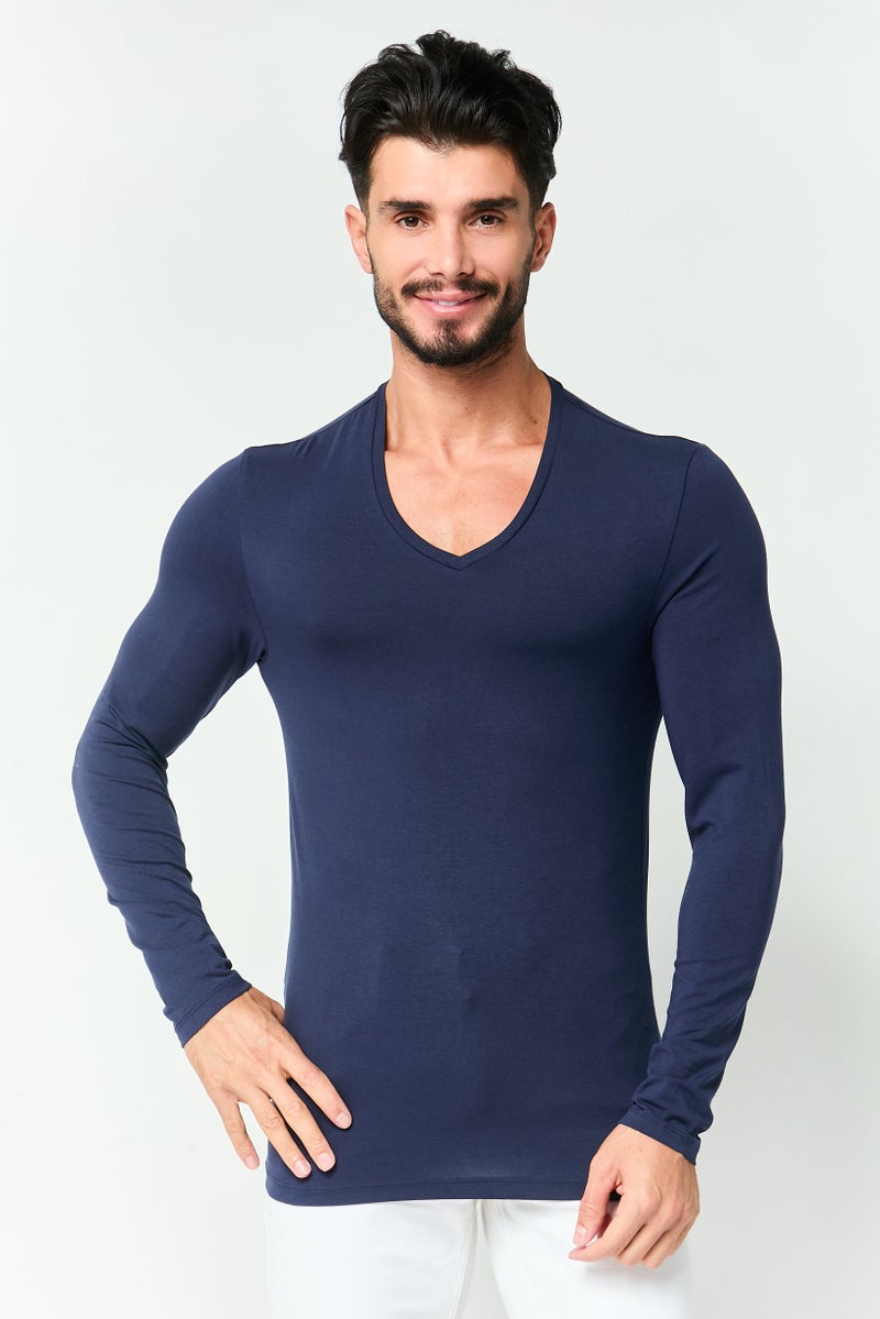 Celio Men V-Neck Long Sleeve Plain T-Shirt, Navy - Image 1