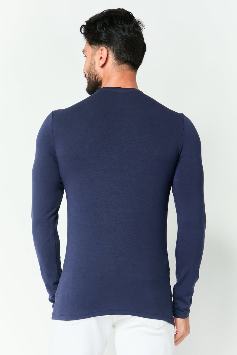 Celio Men V-Neck Long Sleeve Plain T-Shirt, Navy - Image 3