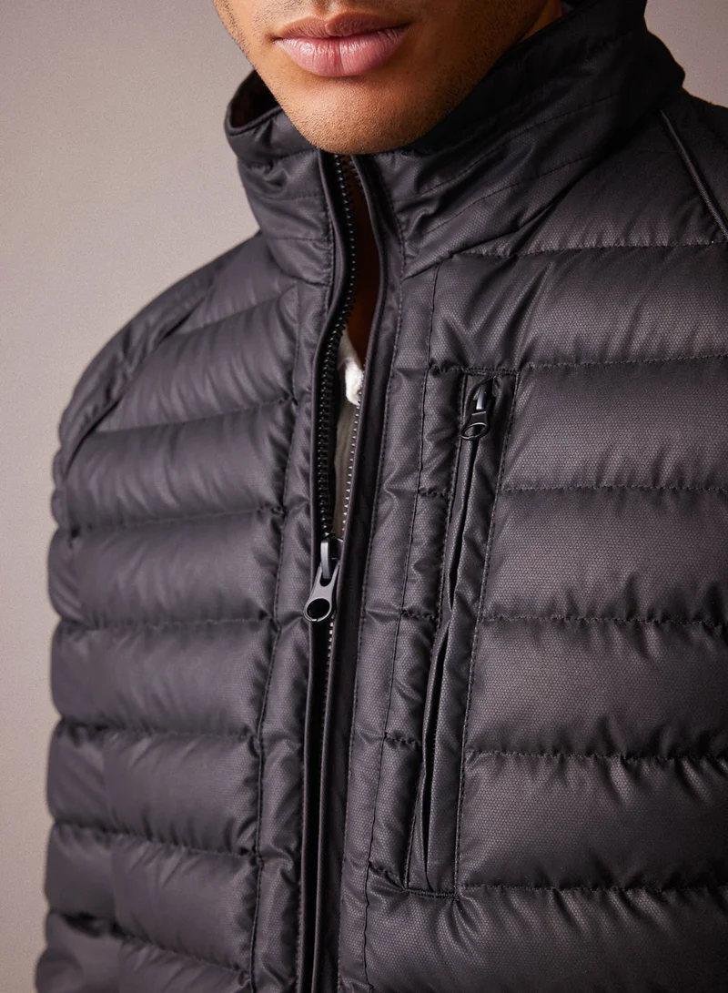 DeFacto Slim Fit Faux Leather Stand Collar Puffer Jacket