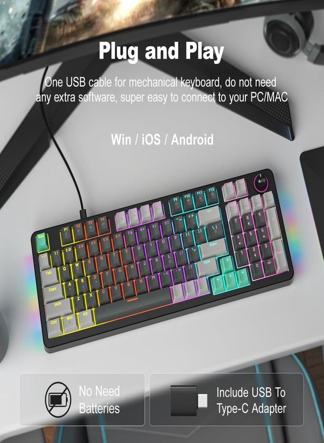 GEEZER Mechanical Gaming Keyboard with LED Backlit, Blue Switch, Volume Knob, 96 Keys Full Size Compact USB Wired Computer Keyboards for Office Windows Laptop PC & Mac Gamer - Grey & Black - Image 2