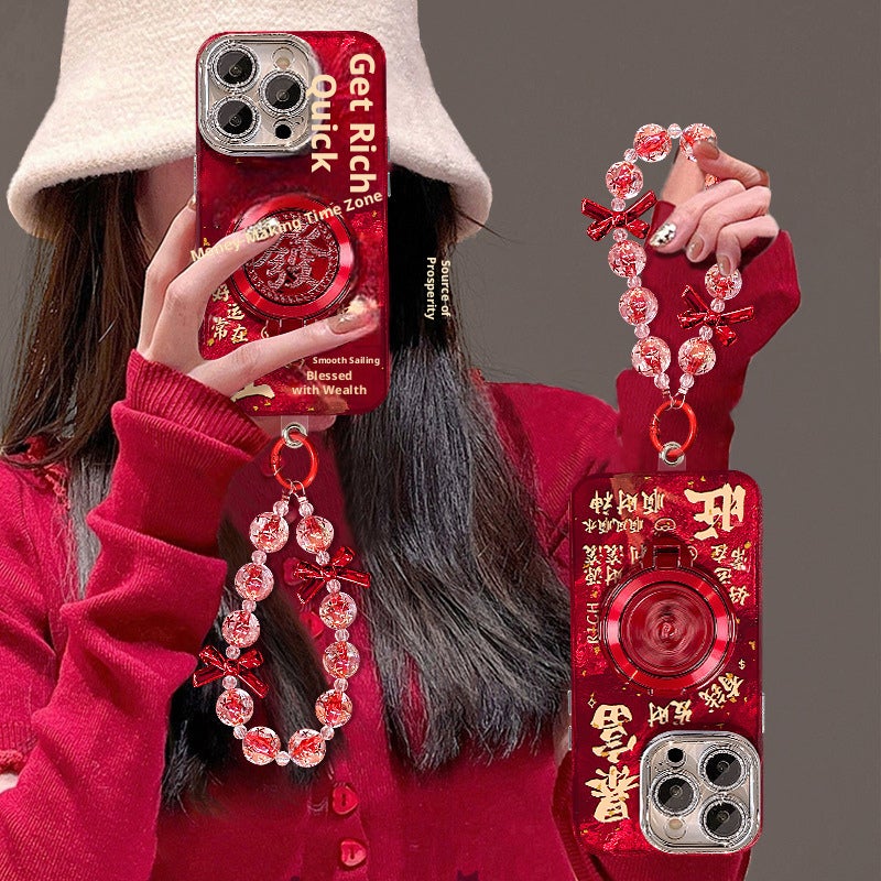 Frosted Acrylic Phone Case with Rotating Stand and Fortune Bracelet, Shockproof & Scratch Resistant for iPhone - Image 2