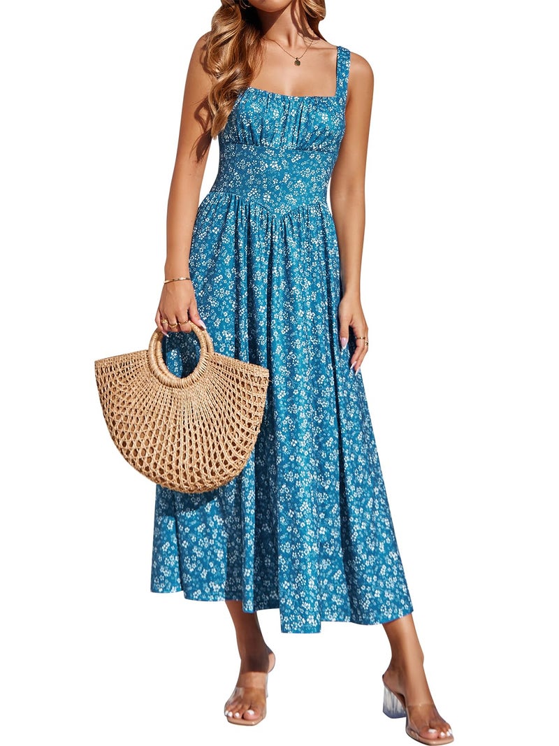 YATHON Fit and Flare Dress for Women Holiday Square Neck Tank Backless Milkmaid Maxi Beach Vacation Clothes for Women Dresses(YT645-Blue White F 05,L) - Image 1