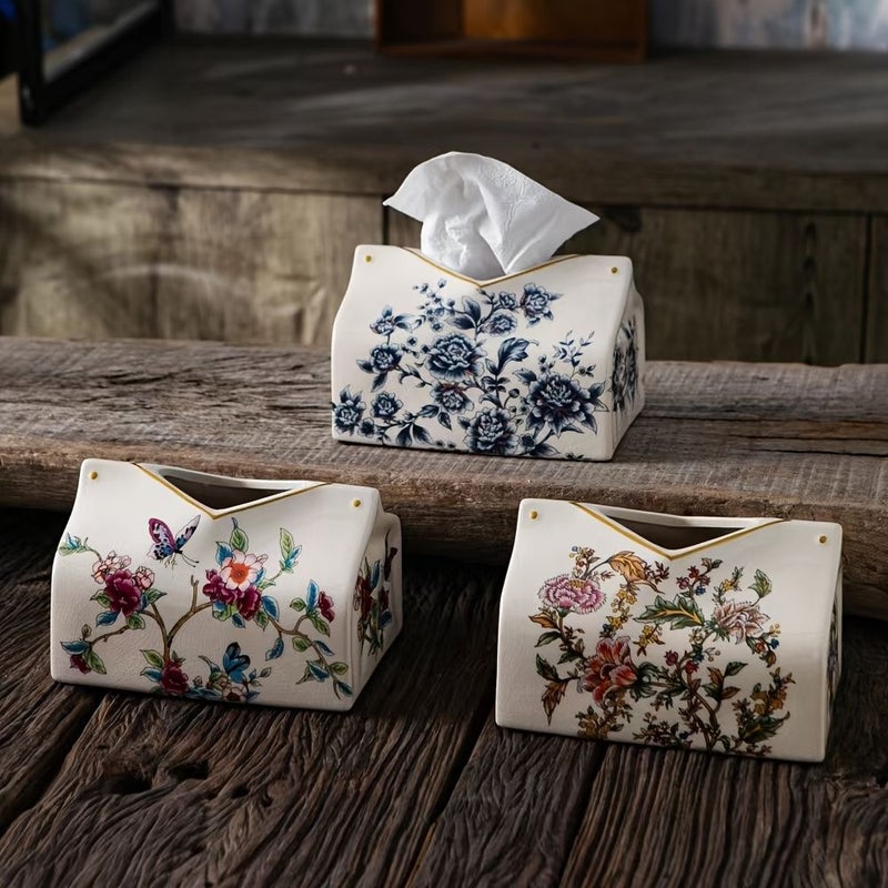 1pc Vintage European American Style Ceramic Tissue Box Holder With Golden Accents Floral And Butterfly Design Decorative Home Accent For Living Room Coffee Or Dining Table Decor Elegant Ornament Tabletop Organizer - Image 3