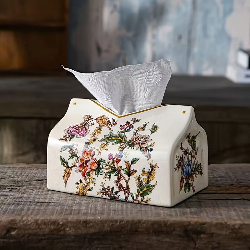 1pc Vintage European American Style Ceramic Tissue Box Holder With Golden Accents Floral And Butterfly Design Decorative Home Accent For Living Room Coffee Or Dining Table Decor Elegant Ornament Tabletop Organizer - Image 4