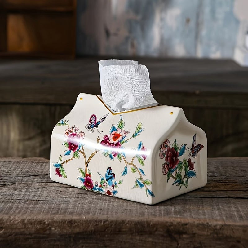 1pc Vintage European American Style Ceramic Tissue Box Holder With Golden Accents Floral And Butterfly Design Decorative Home Accent For Living Room Coffee Or Dining Table Decor Elegant Ornament Tabletop Organizer - Image 1