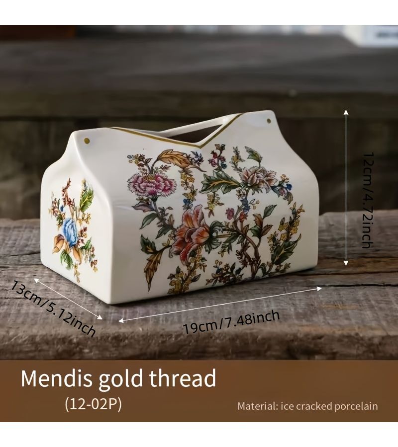 1pc Vintage European American Style Ceramic Tissue Box Holder With Golden Accents Floral And Butterfly Design Decorative Home Accent For Living Room Coffee Or Dining Table Decor Elegant Ornament Tabletop Organizer - Image 2