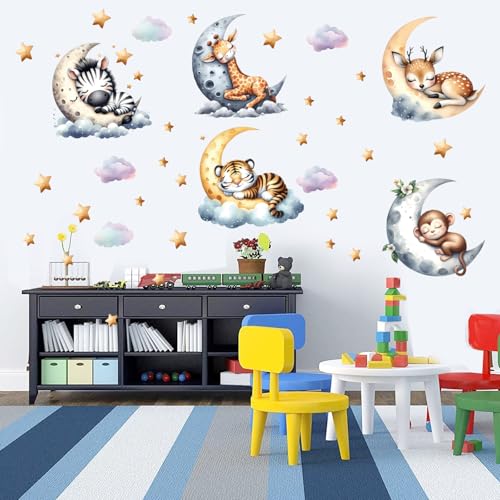 WEWINLE Jungle Animal Wall Decals for Nursery – Removable Safari Animal Stickers for Baby Room, Kids Bedroom & Playroom – Moon and Stars Animals Wall Art Decor for Boys and Girls - Image 1