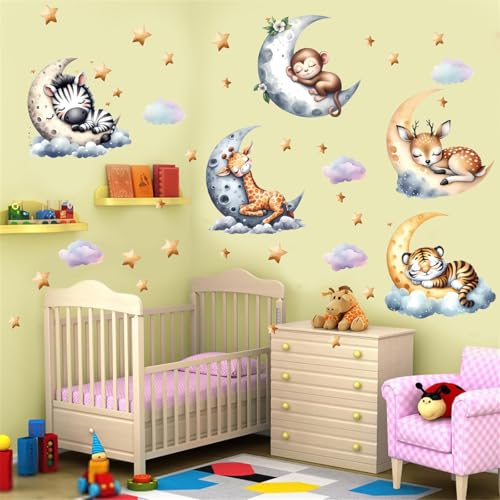 WEWINLE Jungle Animal Wall Decals for Nursery – Removable Safari Animal Stickers for Baby Room, Kids Bedroom & Playroom – Moon and Stars Animals Wall Art Decor for Boys and Girls - Image 2