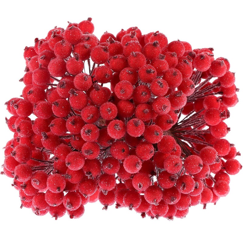 Tatuo 400 Pieces Artificial Berry Stems Frosted Holly 12 mm Fake Simulation Mini Berry Flower Fruit for Christmas Tree Decor Wreath DIY Wedding Party FavorRed