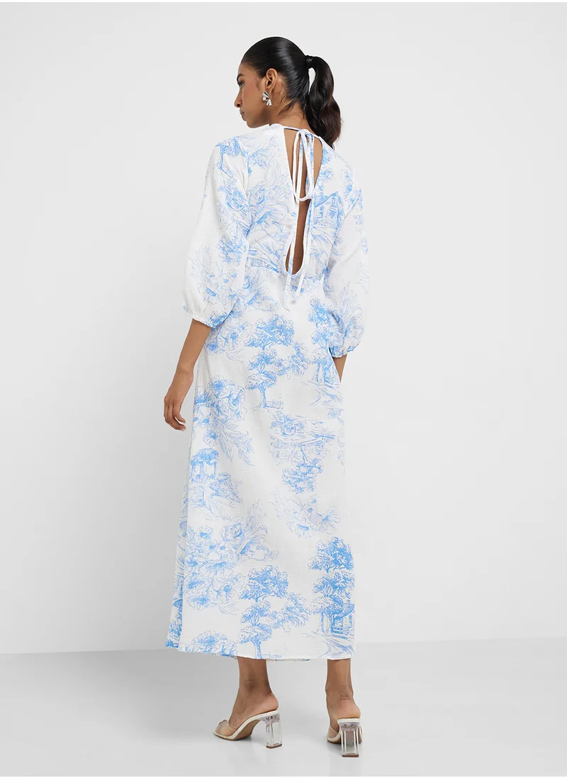 جينجر V Neck Floral Print A Line Dress