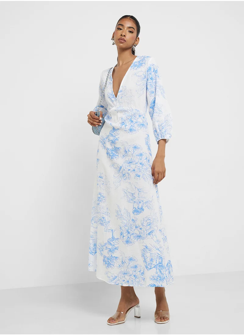 جينجر V Neck Floral Print A Line Dress